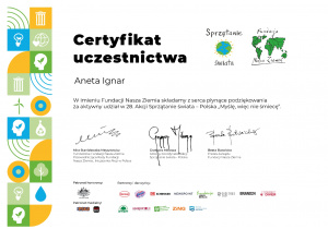 Certyfikat uczestnictwa dla p. Anety Ignar w 28 Akcji Sprzątanie Świata - Polska "Myślę, więc nie śmiecę"
